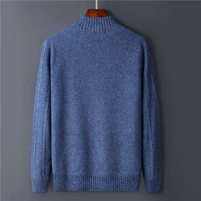 Men's wool zip-up jacket, navy blue, side profile. Warm and fashionable casual jacket.