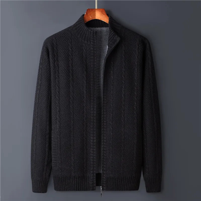 Detail of zipper on a men's premium wool jacket. Durable zip-up for winter outerwear.