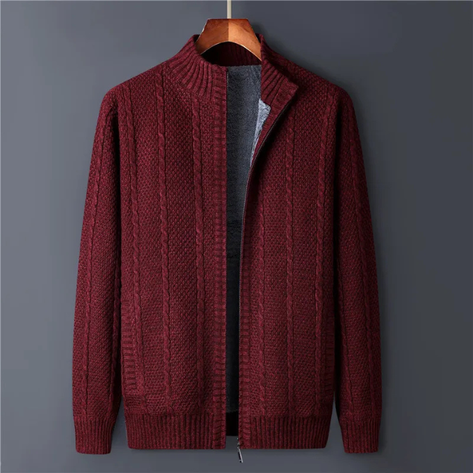 Folded men's wool zip-up jacket, highlighting its premium fabric and compact design.