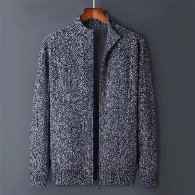 Men's premium wool casual jacket open, showing inner lining. Warm men's fashion outerwear.