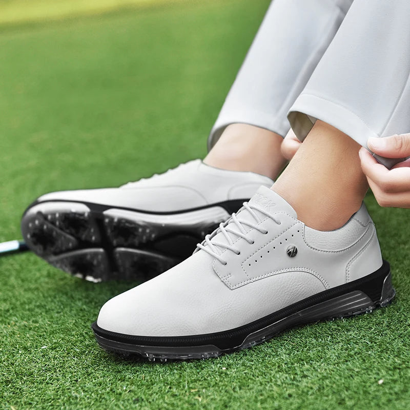 Durable men's Pro Edition leather golf shoes, waterproof design with performance spikes for the green.