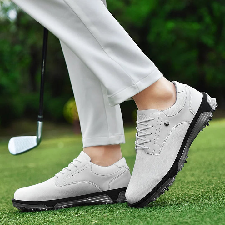 Men's Pro Edition golf shoes featuring waterproof leather, performance-driven and spiked for grip.