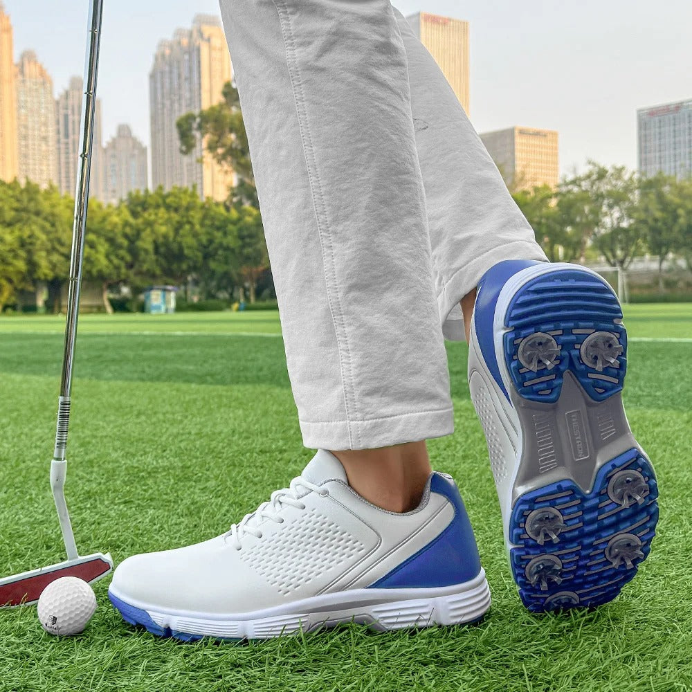 Durable men's leather golf shoes, blackout, offering long-lasting performance.