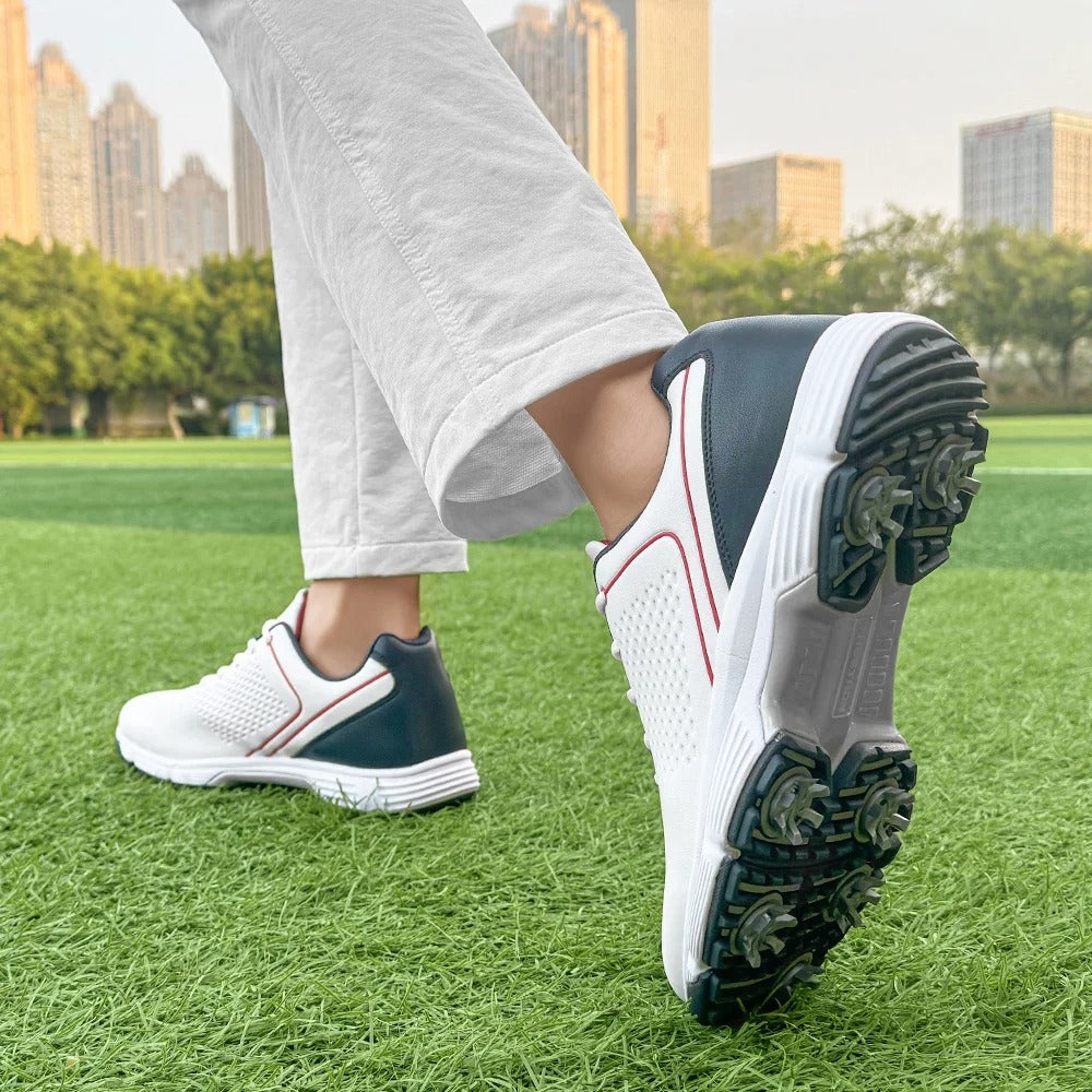 Men's performance golf shoes in white, engineered for optimal swing and game.