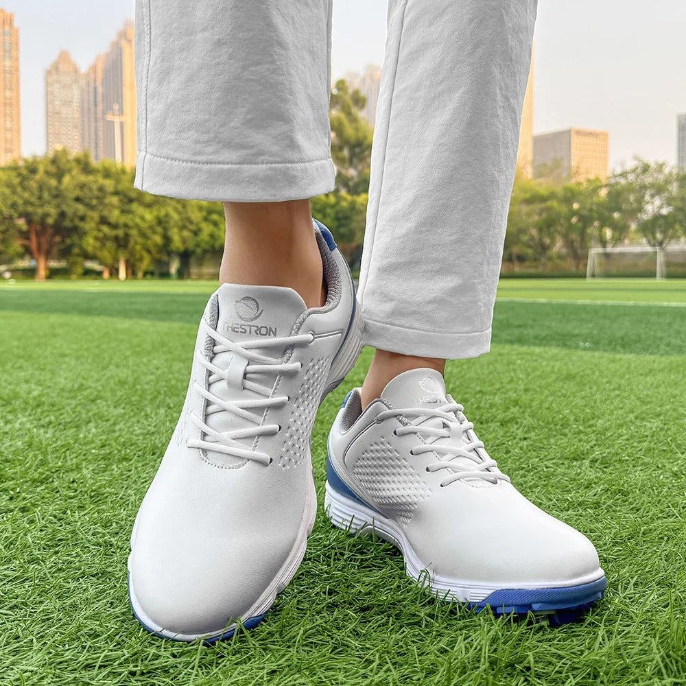 Pro-grade men's spiked golf shoes in white, ideal for golfers seeking style and function.