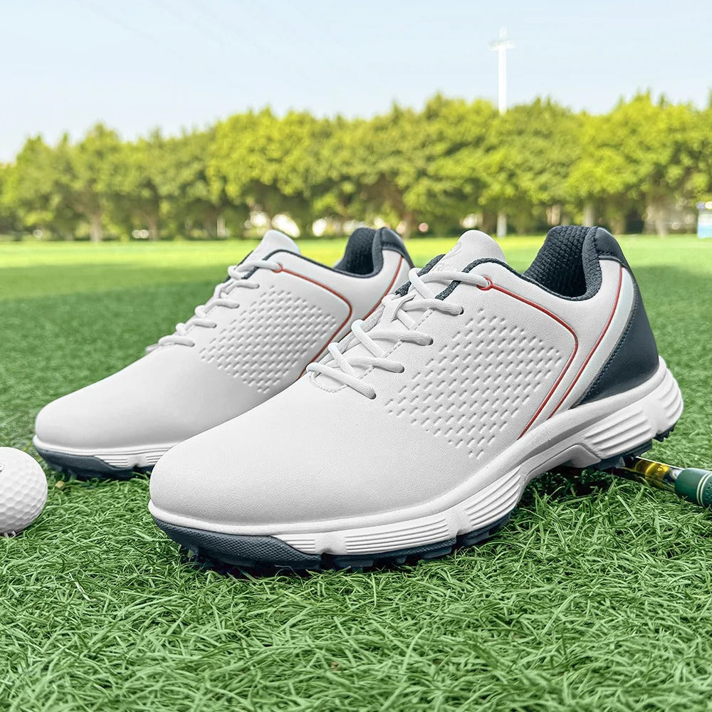 Men's golf shoes, white, with advanced spike technology for superior grip.