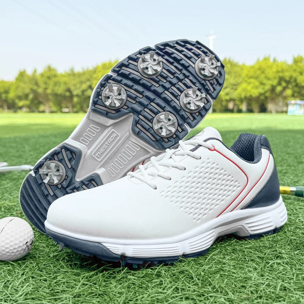 Durable men's leather golf shoes, white, offering long-lasting performance and easy cleaning.