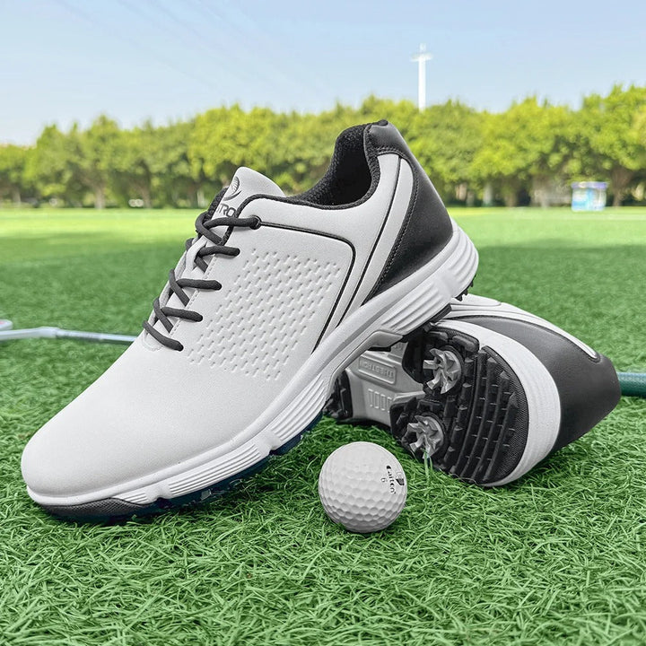 Blackout & blue men's pro performance spiked golf shoes, for a dynamic look.