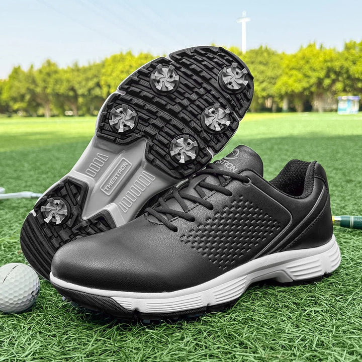 Men's performance golf shoes in blackout, engineered for optimal swing power.