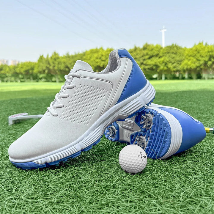 Blackout leather golf shoes for men, featuring a comfortable and secure fit.