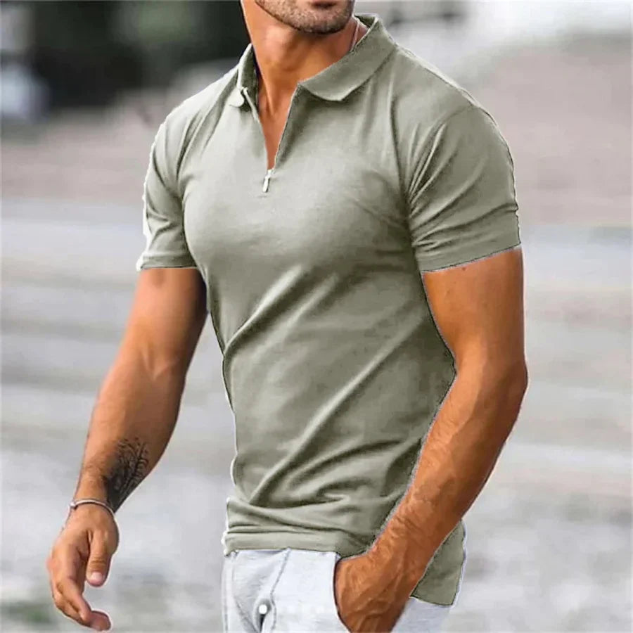 Versatile men's short sleeve quarter-zip polo shirt, ideal for smart casual summer style.