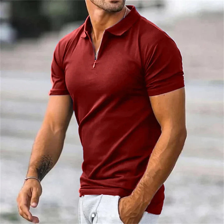 Men's collared polo shirt, quarter-zip design, offering a modern, versatile smart casual look.