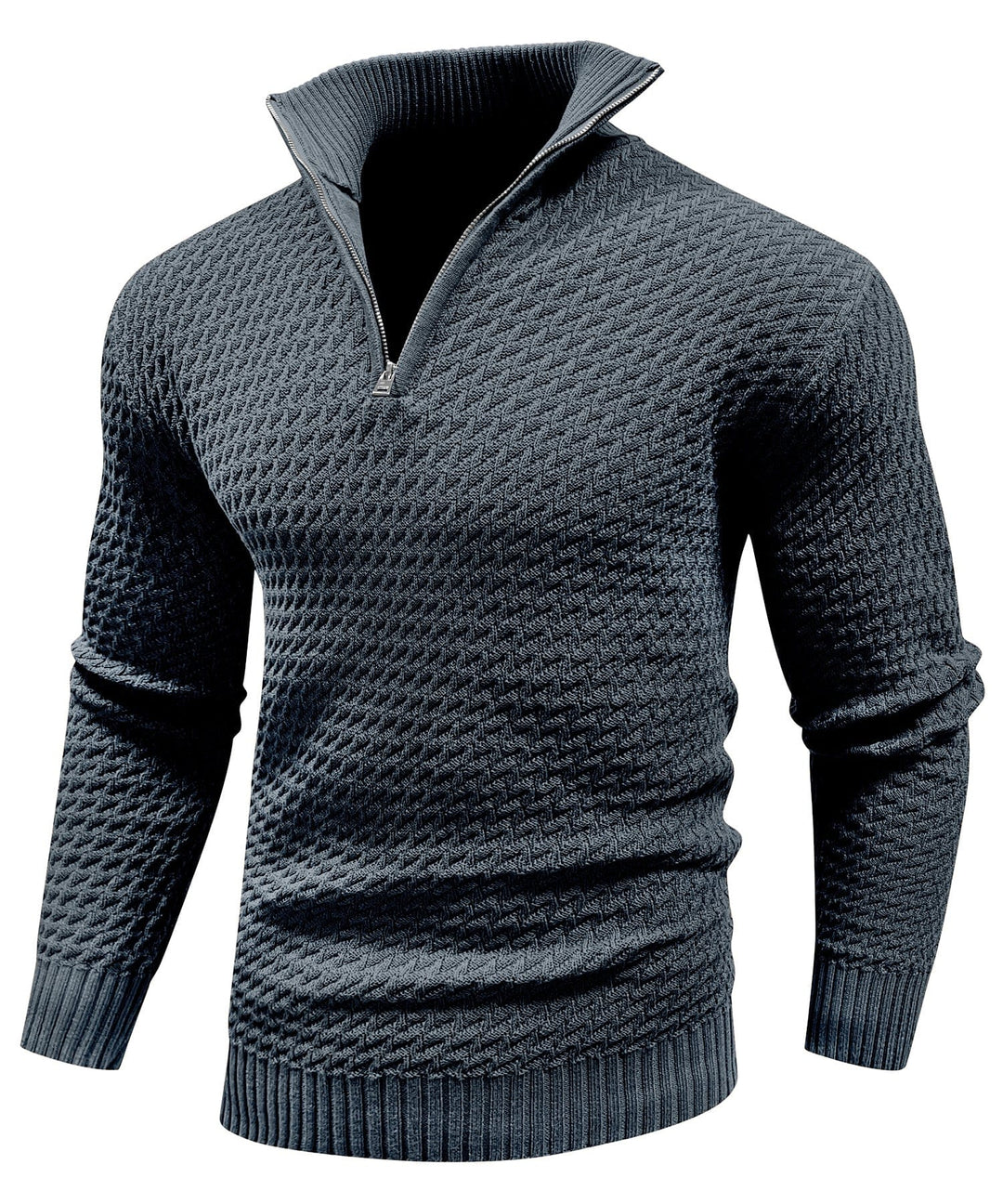 Close-up of a men's quarter-zip turtleneck pullover, showing fabric texture