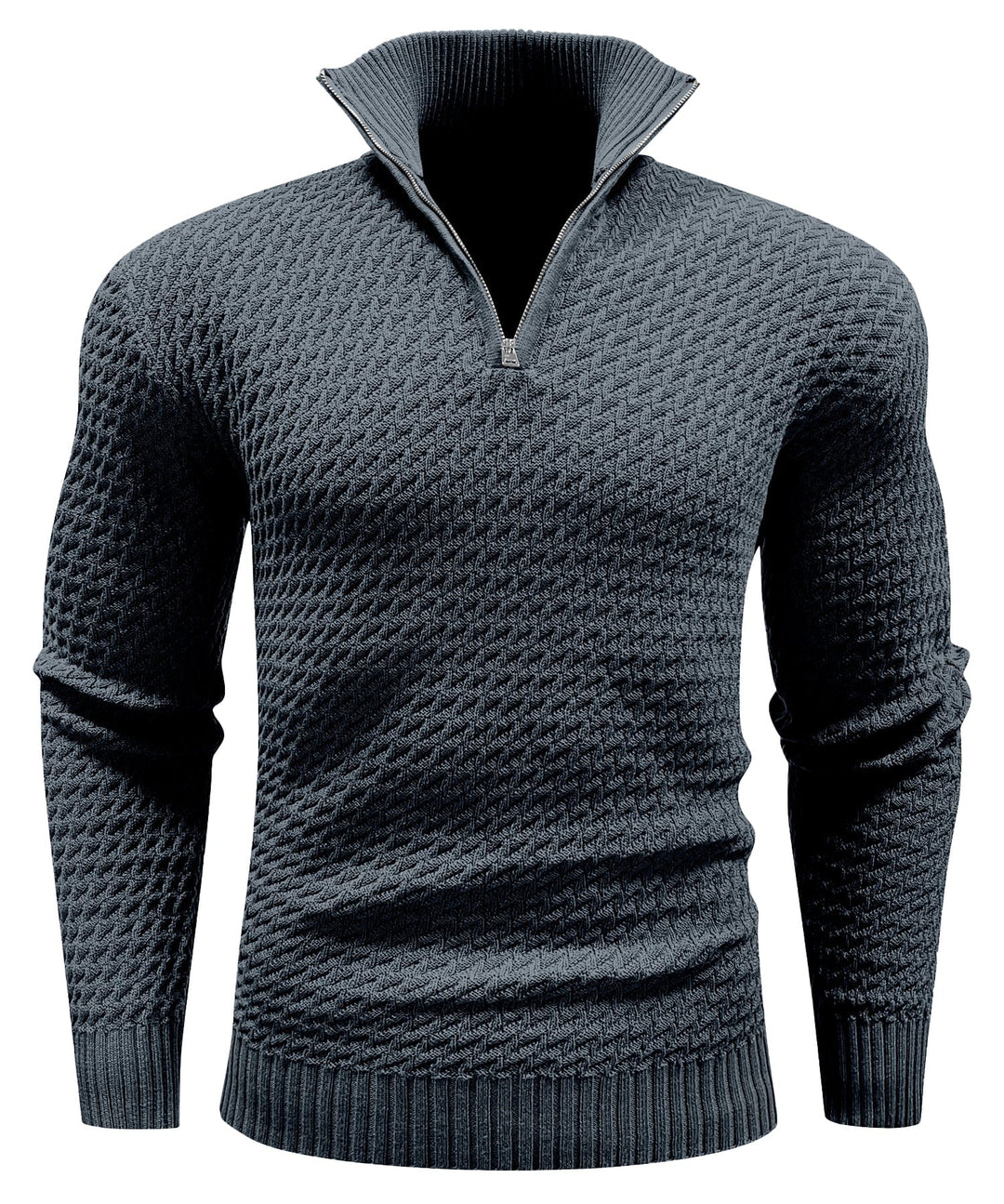 Detail of the quarter-zip on a men's long-sleeve turtleneck pullover sweatshirt