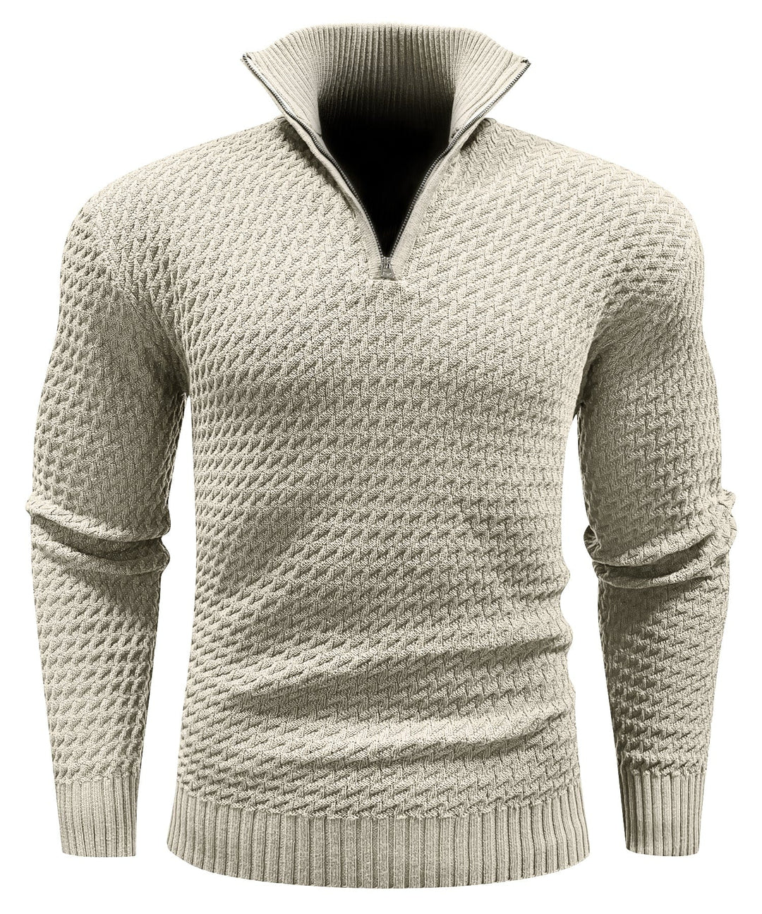 Side view of a man wearing a blue quarter-zip turtleneck pullover, casual look