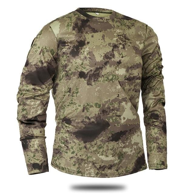 Lightweight men's long sleeve shirt with a camouflage print, designed for quick drying and comfort in outdoor settings.