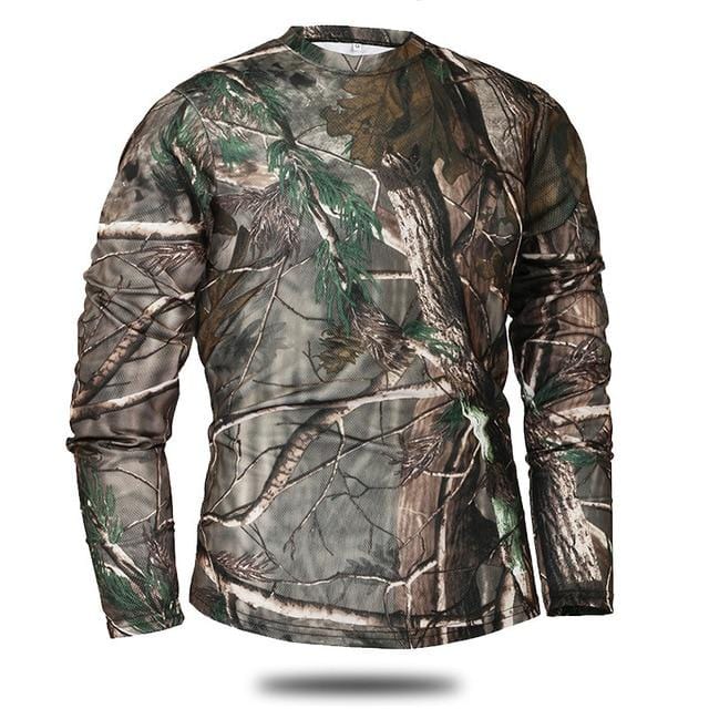 Camo print quick-dry long sleeve top for men, an athletic polyester shirt perfect for various outdoor adventures.