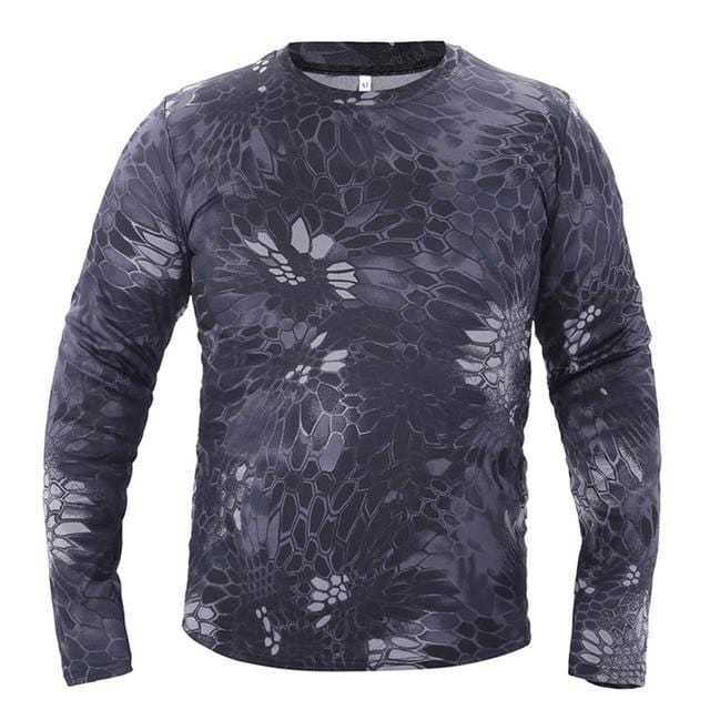 Men's outdoor wear: a quick-dry, lightweight long sleeve camo shirt made from textured polyester fabric.