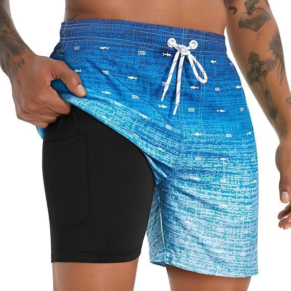 Men's quick-dry swim shorts with adjustable drawstring waist & compression liner for secure fit.
