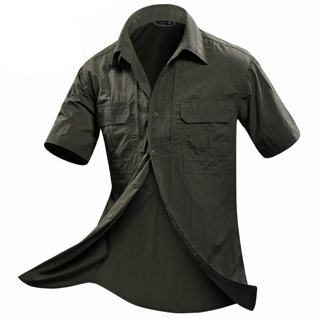 Men's quick-dry tactical performance shirt in military green, short sleeve, ideal for outdoor activewear
