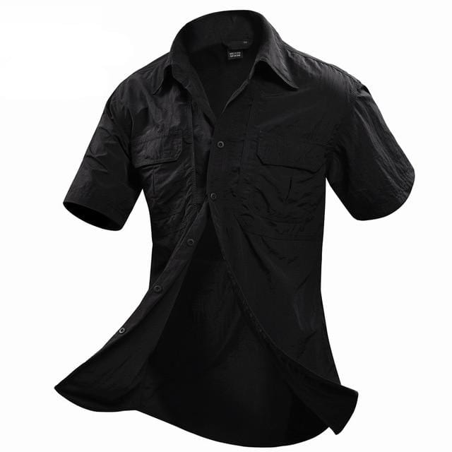 Close-up of a men's nylon tactical shirt, quick-dry fabric, designed for hiking and active outdoor gear