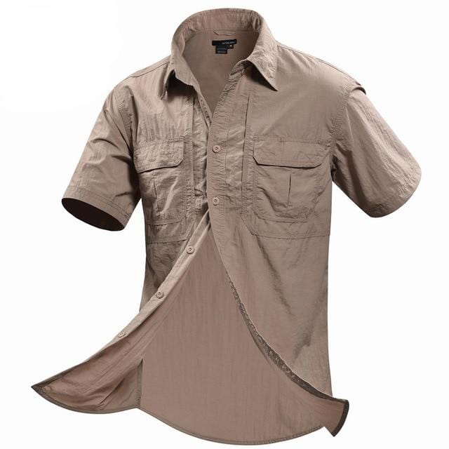 Men's tactical quick-dry shirt in sand color with utility pockets, perfect for outdoor adventures & hiking