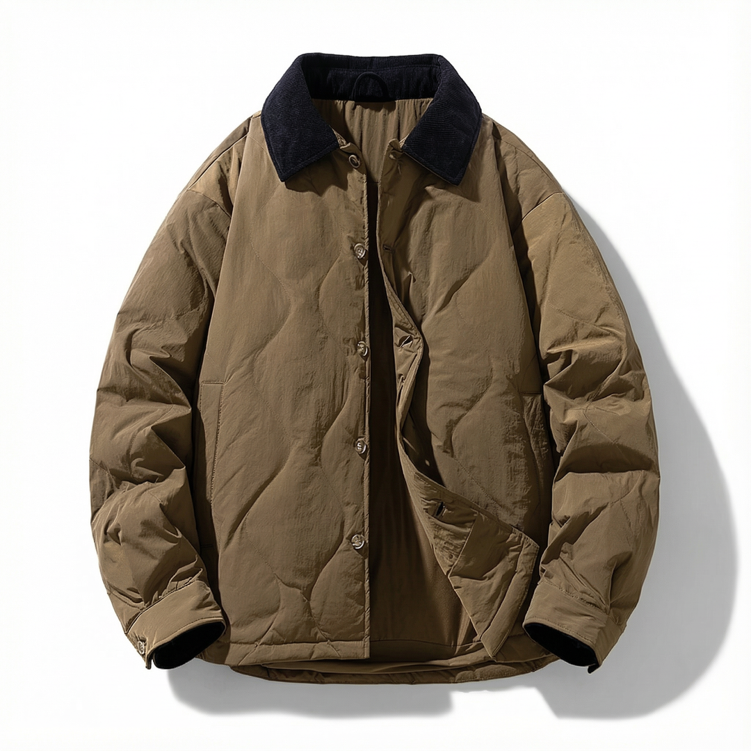 Men's everyday quilted jacket crafted from cotton, featuring a stylish corduroy collar for added warmth