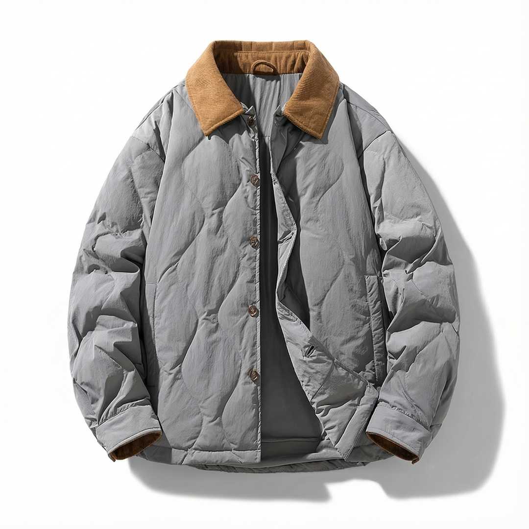 Lifestyle shot: Men's quilted cotton jacket with corduroy collar, offering a blend of comfort and rugged style