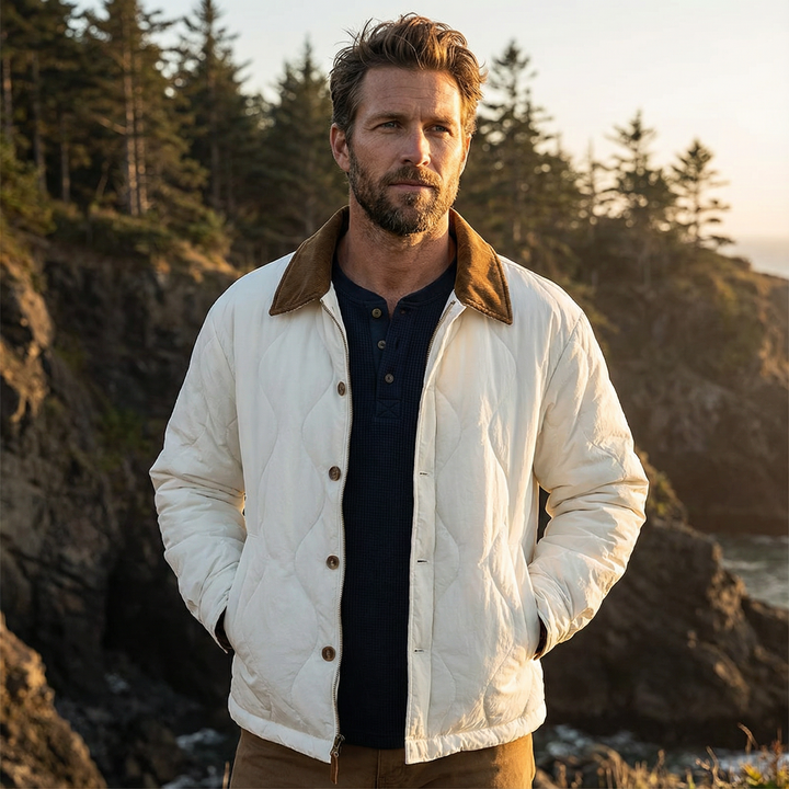 Back view of a men's warm quilted cotton jacket, showcasing its clean lines and robust design