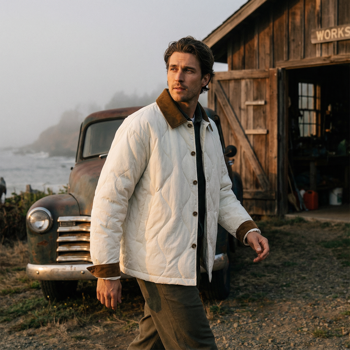 Side profile of a men's casual quilted jacket with a distinctive corduroy collar, suitable for outerwear