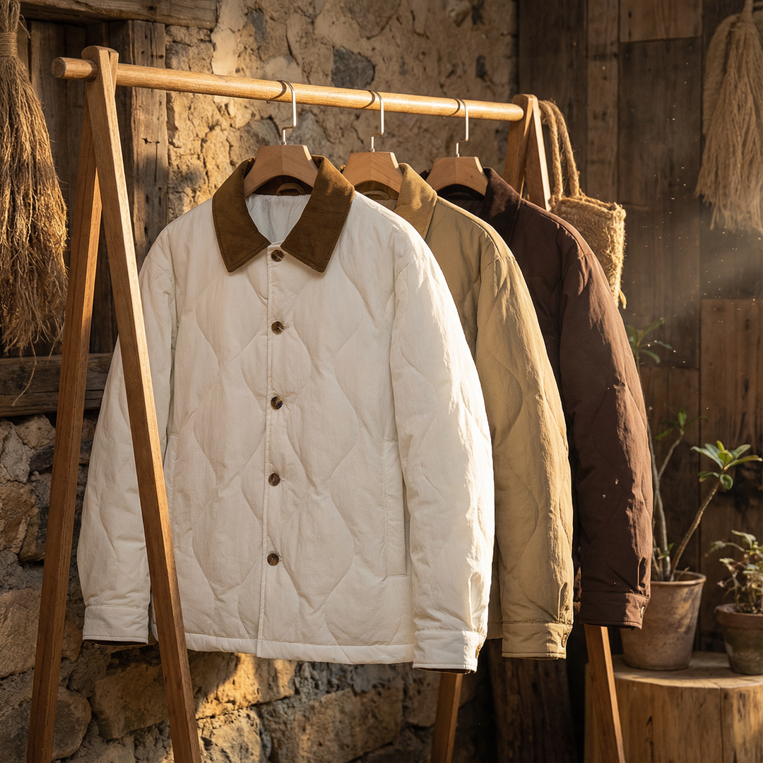 Men's quilted jacket in a versatile color, made from cotton with a comfortable corduroy collar for warmth