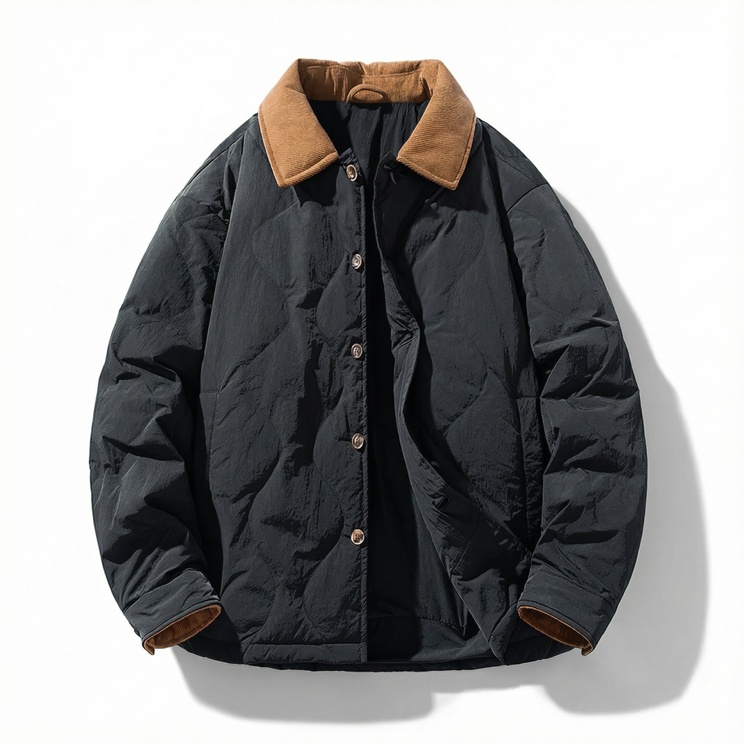 Texture close-up: quilted cotton and soft corduroy collar on a men's durable winter jacket