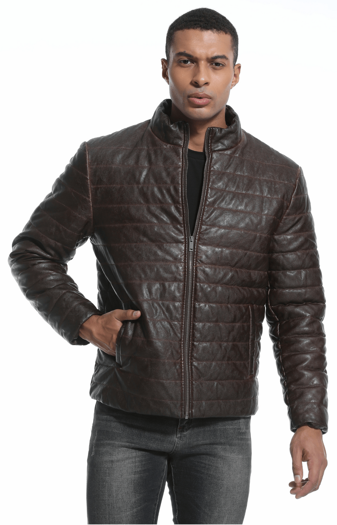 Close-up of the intricate quilted pattern on the men's brown faux leather jacket
