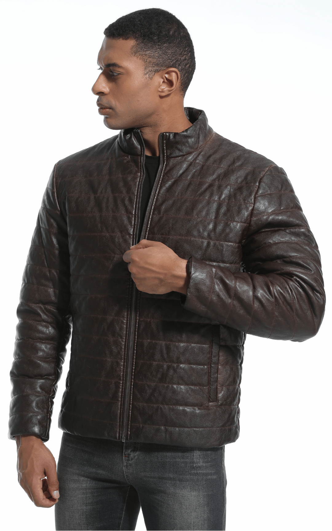 Detailed view of the zipper and collar of the men's fashion faux leather jacket