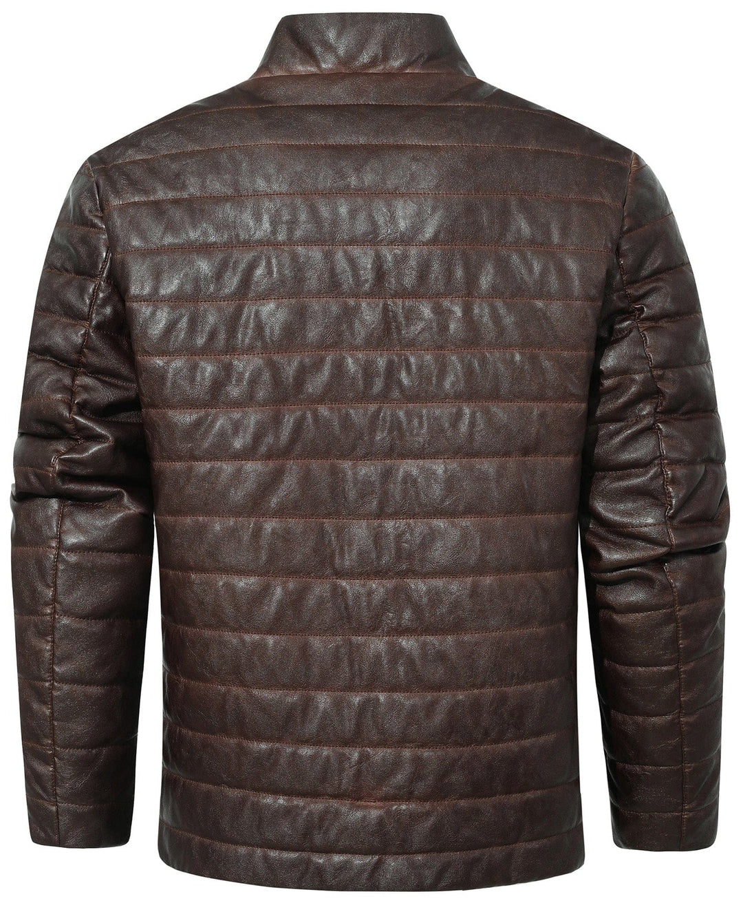 Back view of the men's brown quilted faux leather jacket, highlighting its stylish design