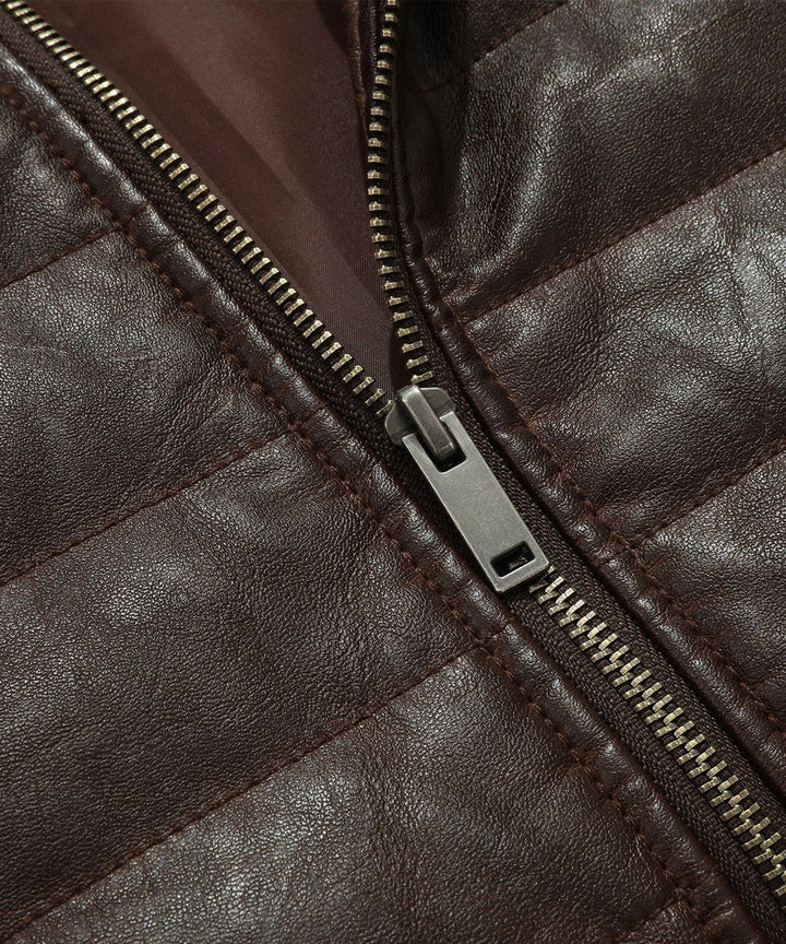 Side profile of the men's casual brown faux leather jacket, ideal for everyday wear