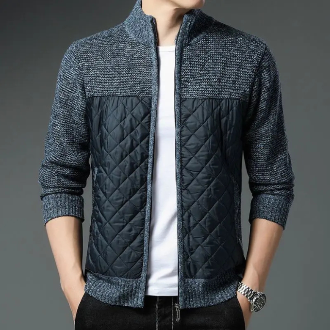 Front view of men's quilted hybrid zip jacket, dark gray wool blend, ready for colder weather.