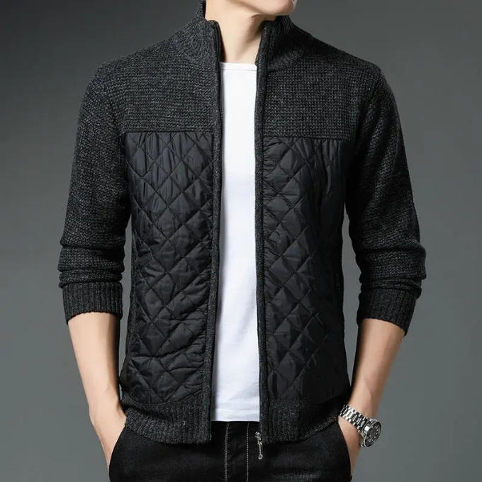 Close-up of quilted pattern on men's hybrid zip jacket, showcasing wool blend fabric texture.