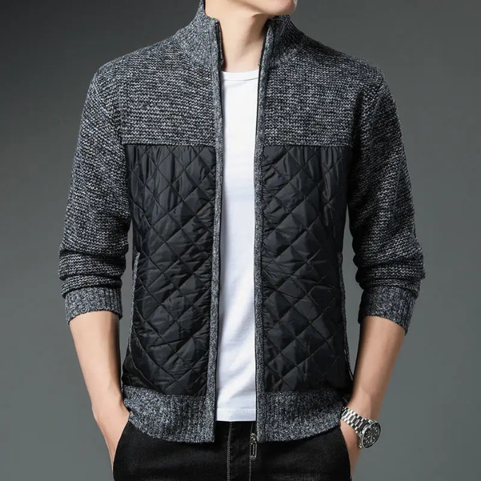 Side profile of men's hybrid zip jacket, modern quilted design, ideal casual outerwear.