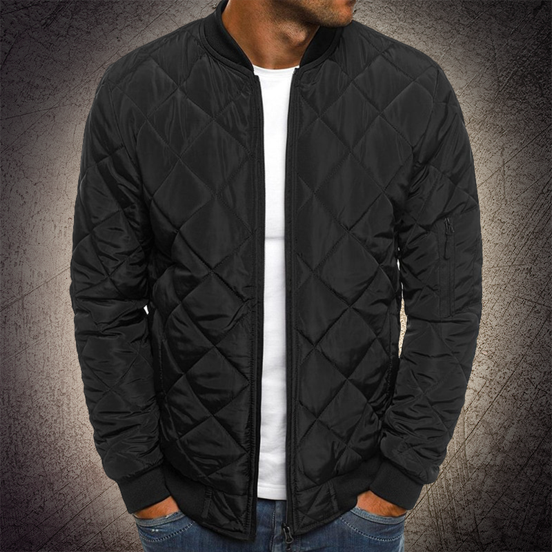Close-up of the quilted texture on a men's lightweight bomber jacket, suitable for cooler weather