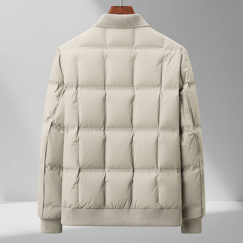 Back view of men's casual quilted winter coat, showcasing relaxed fit and durable outerwear