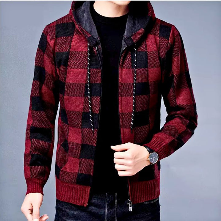 Close-up of men's blue and white checked flannel zip-up hoodie fabric texture