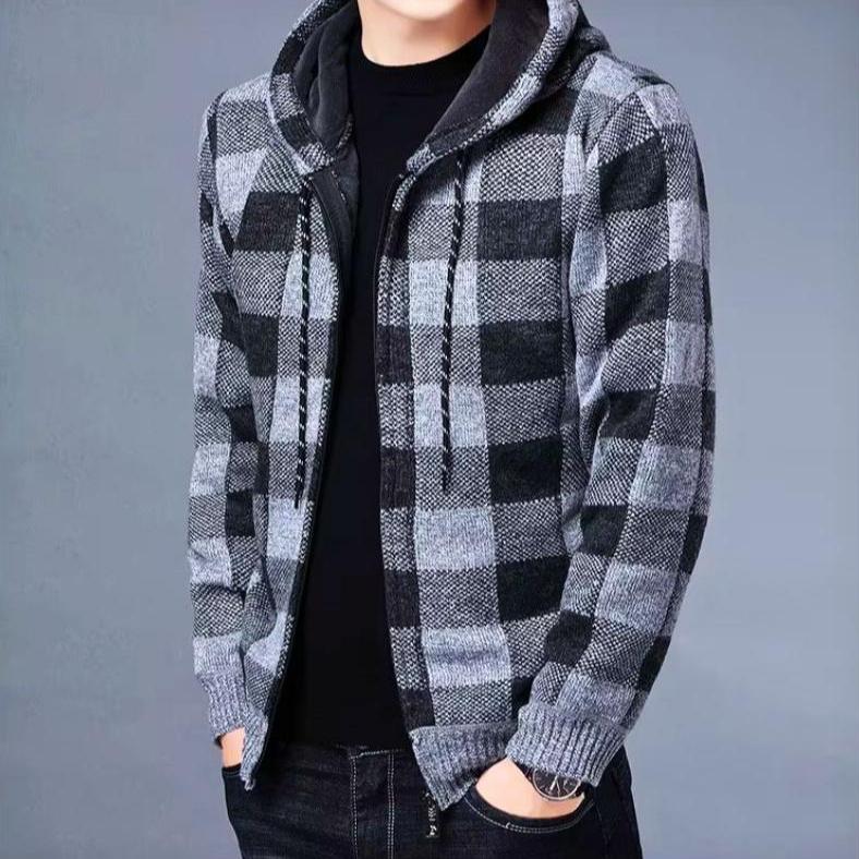 Stylish men's black and white checked flannel zip hoodie with ribbed cuffs