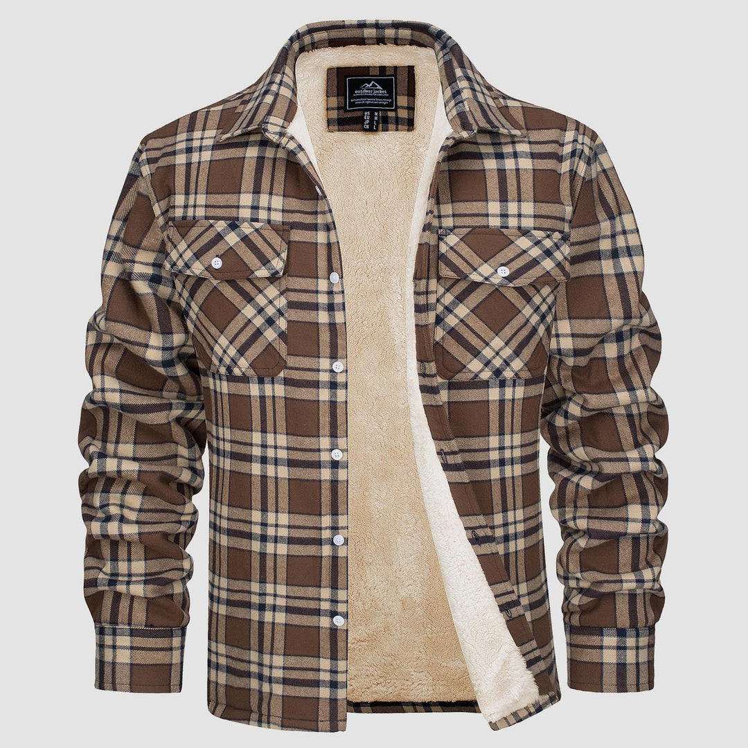 Men's red and black plaid flannel button-down fleece lined jacket, perfect for winter warmth and casual style