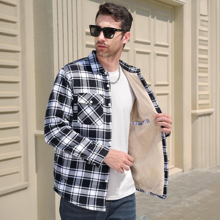 Men's heavy-duty flannel button-down jacket with a soft fleece lining, perfect for cold weather and outdoor activity