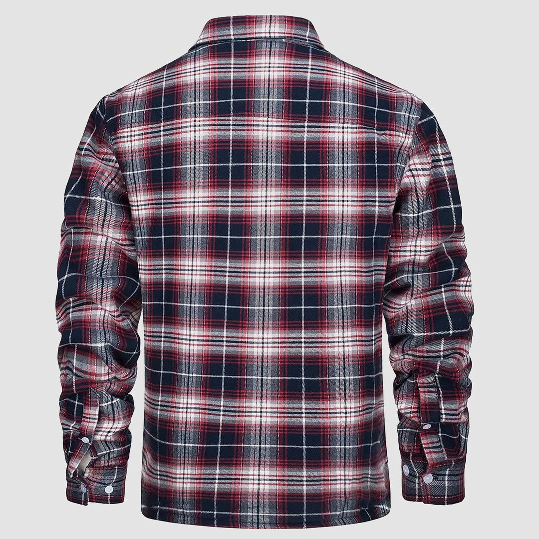 Styled shot of a men's casual flannel fleece lined jacket with blue jeans, perfect for an everyday winter look