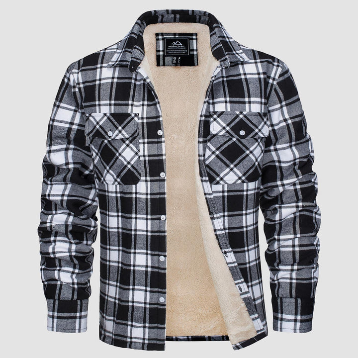 Full shot of a man wearing a warm fleece-lined flannel jacket, showcasing its comfortable fit and winter appeal