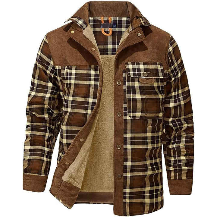 Close-up of men's sherpa-lined flannel jacket, showcasing soft corduroy collar and cozy interior.
