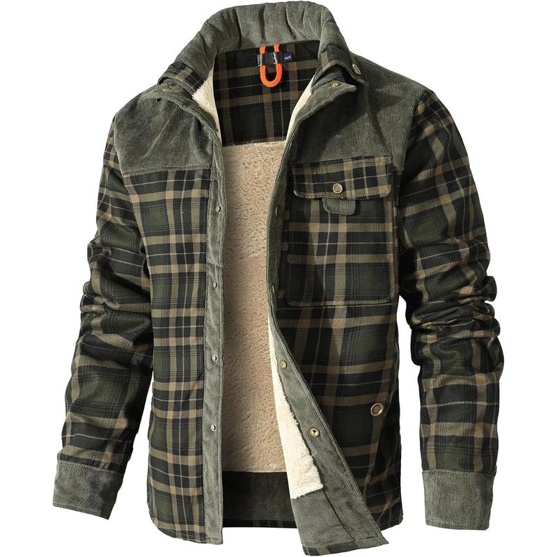 Full shot of a man wearing a stylish, warm flannel and sherpa winter coat, perfect for casual outings.