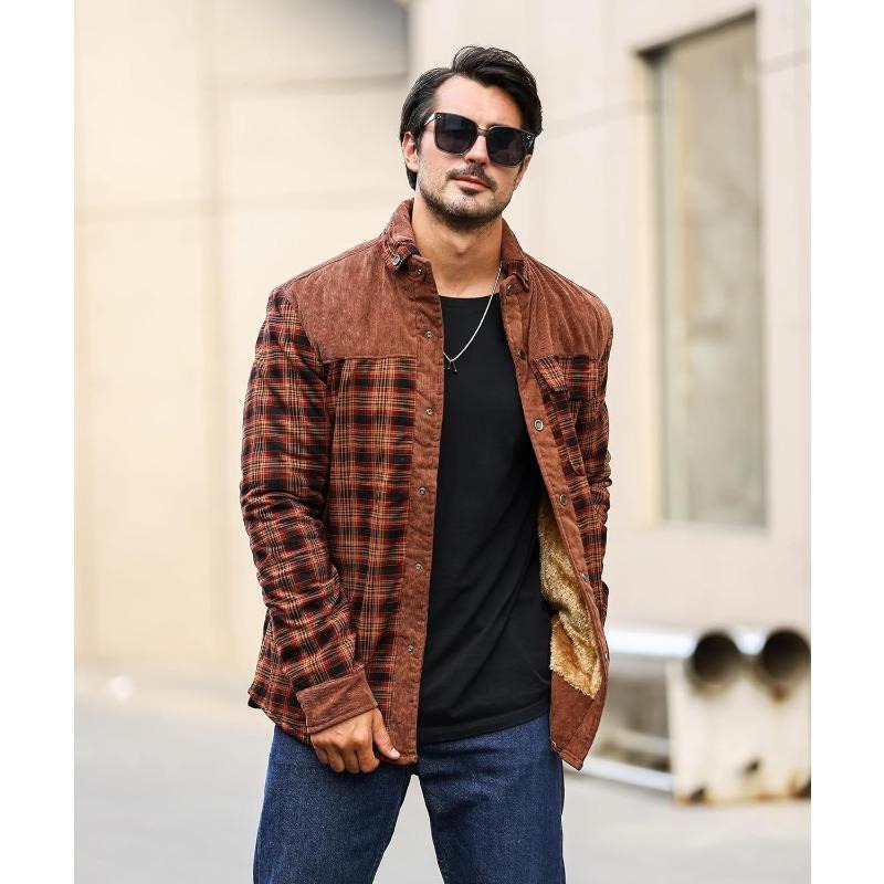 Men's durable flannel jacket with thick sherpa lining, featuring button-front closure and chest pockets.